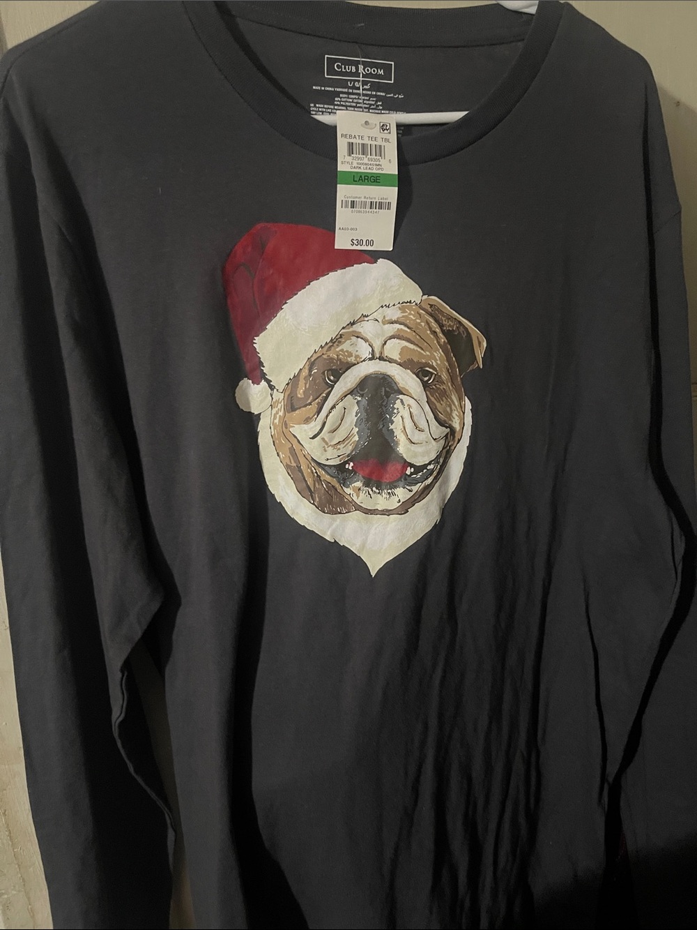 Club Room Black Bulldog Santa Graphic Long-Sleeve Dog Tee